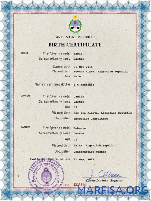 Blank Argentina vital record birth certificate PSD template